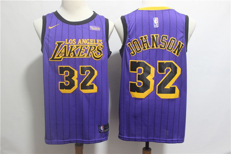 Men Los Angeles Lakers 32 Johnson Purple Stripe Nike Game NBA Jerseys